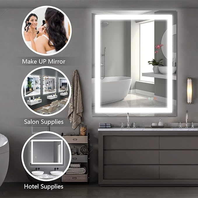40”x 32” Bathroom Led Vanity Mirror with 3 Colors Light, Dimmable Touch Switch Control, Anti-Fog Wall Mounted Makeup Mirror for Wall (Horizontal