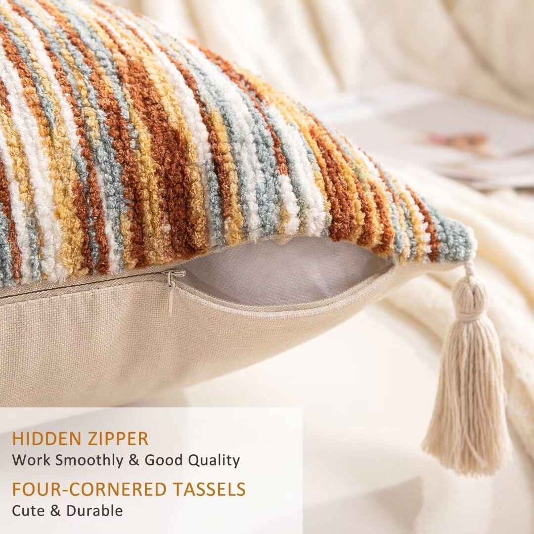 WANLIRD Boho Throw Pillow Covers 18x18 Set of 2 Woven Tufted Farmhouse Pillows Cover with Tassels Textured Striped Cushion Case Neutral Pillow Cases Decorative Pillowcase for Sofa Couch Bed,Rust