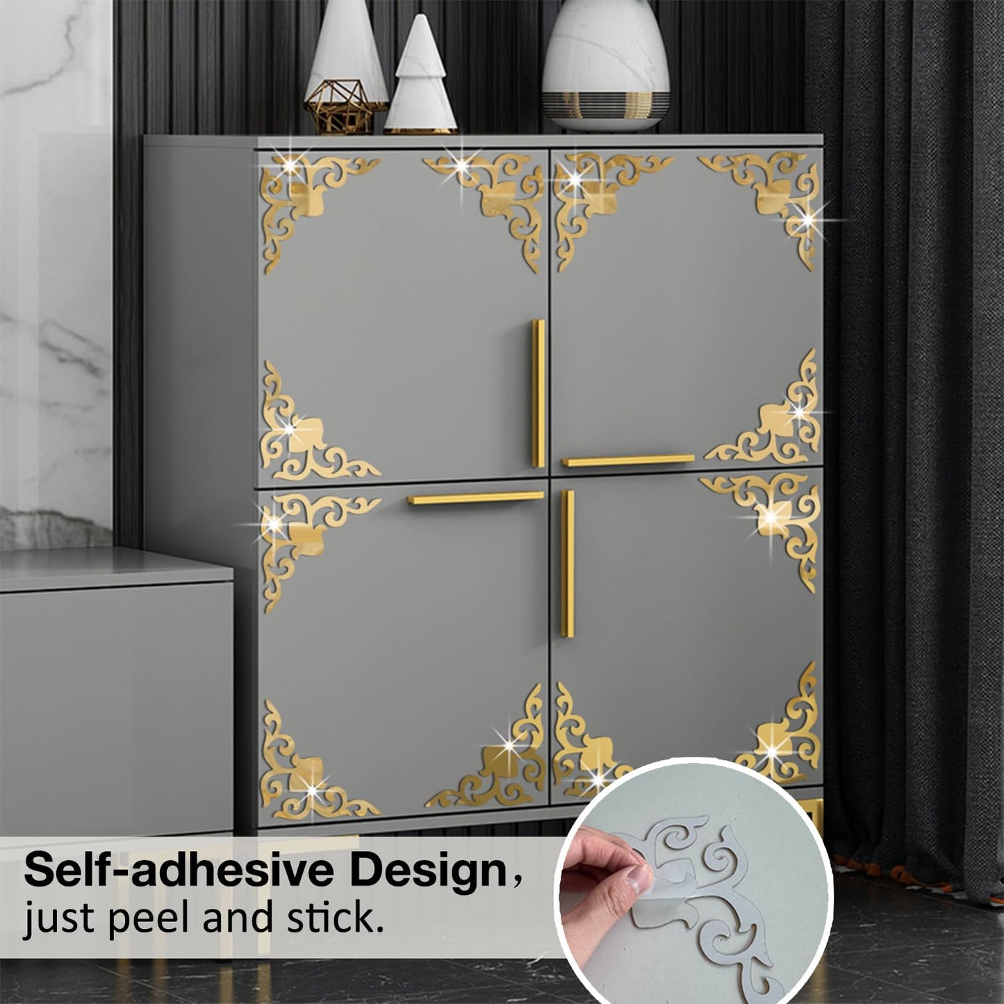 funlife Hollow Self Adhesive Mirror Wall Stickers, Small Plastic Gold Mirror with Adhesive Back for Home Cabinet Wall Decor 3.94" X 3.94"" 16 PCS Corner Onlay Applique Pattern-Mirror"