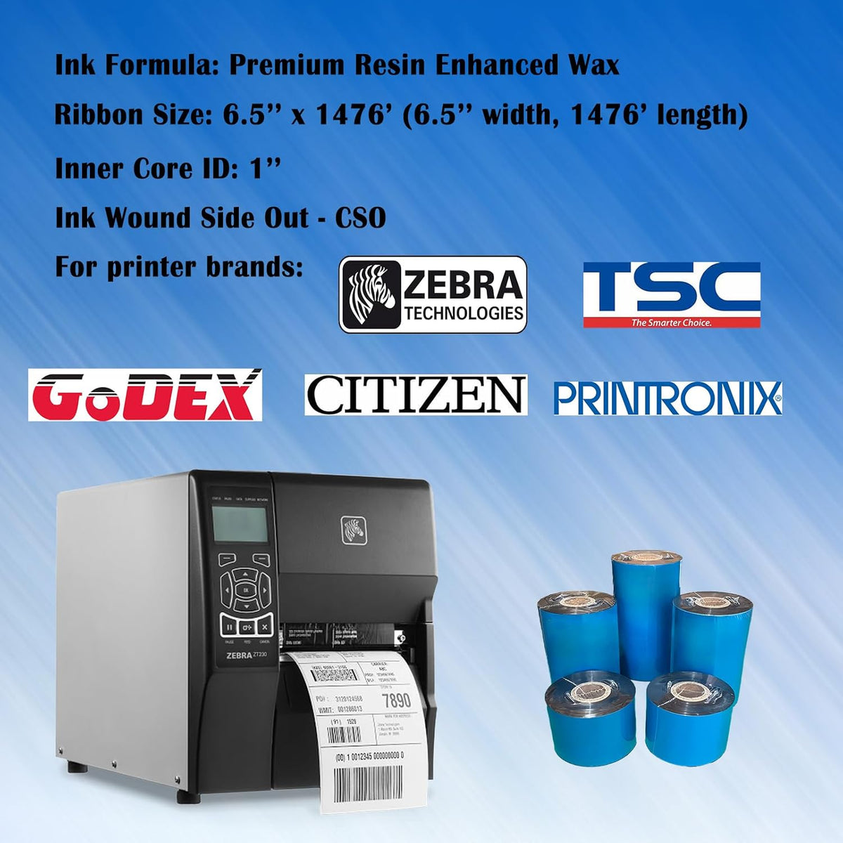 4 Rolls 6.5'' x 1476' Premium Resin Enhanced Wax Ribbon, 165mm x 450m Black Thermal Transfer Ribbon, Barcode Thermal Label Printer Ribbon, CSO-Ink Outside, 1'' Core for Zebra, TSC, GoDex, Citizen..