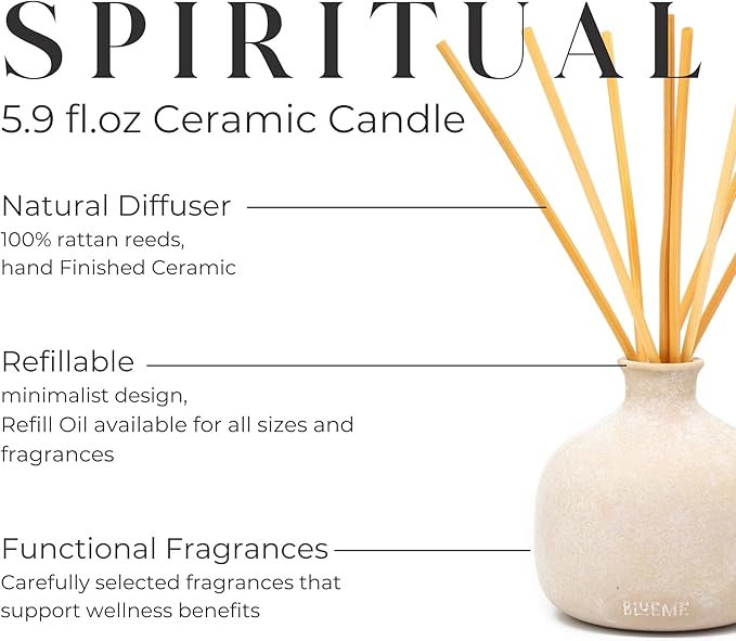 Blueme Spiritual Diffuser | Palo Santo & Vetiver | 5.92 Fl Oz - Refillable Wellness Diffuser, Contains Essential Oil, Sustainable, Hand Finished, Premium, Luxury Ceramic, Natural Rattan Reeds, | Small
