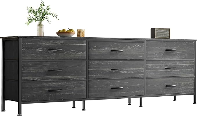 Huuger 63 Inch Dresser for Bedroom, Dresser for Closet with 9 Drawers, Large TV Stand for 55, 65, 70 Inch TV, Entertainment Center, Wide Long Chest of Drawers, Charcoal Black Wood Grain Print