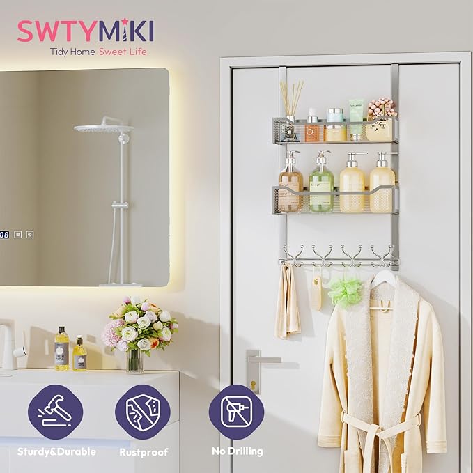 SWTYMIKI Over The Door Hook with 16 Hooks & 2 Mesh Baskets - Heavy Duty Over The Door Organizer Hanger for Towels, Coats, Clothes - Space Saving Hanging Rack for Bathroom, Living Room, Silver