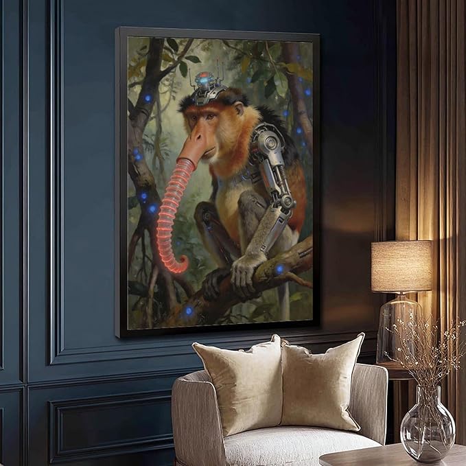 Framed Steampunk Mechanical Proboscis Monkey Wall Art - Jungle Neon Retro Poster for Apartment Leisure Area Decor 20x30in