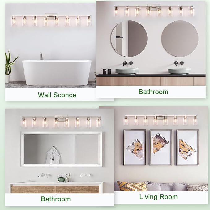 8-Light Brushed Nickel Vanity Light Fixtures,Modern Large Bathroom Light Fixtures Wiht Clear Glass ShadeRust and Moisture Resistant Easy to Install Vanity Lights for bathroom lights over mirror