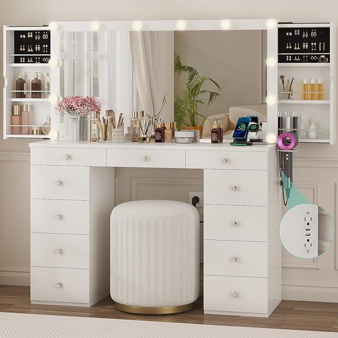 Likein Vanity Desk with Mirror and Lights, White Vanity with Jewelry Storage Cabinet, Makeup Dressing Table with 11 Drawers, Charging Station, Crystal Knobs, 3 Color Lighting Modes for Women, Girls