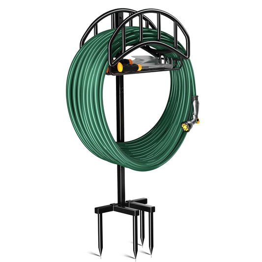 Kesfitt Garden Hose Holder Stand with Tool Storage Basket & 4 Spikes, Detachable Heavy Duty Metal Freestanding Outdoor Organizer for Lawn Yard Water Storage Rack
