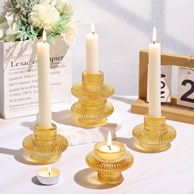 Candlestick Holders Taper Candle Holders, Gold Candle Stick Candle Holder for Wedding, Ribbed Tealight Candle Holders for Bridal Shower Party Table Decor, Modern Home Decor (8 Pcs, Gold)