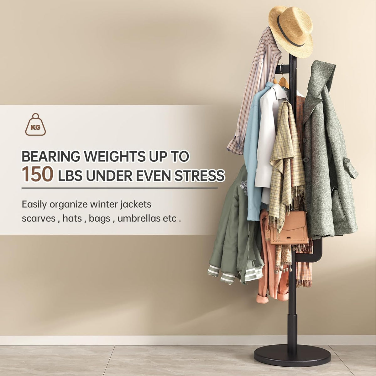 Solid Wood Cactus Coat Rack, Freestanding Coat Rack With 6 L-Shaped Hooks and 3 Adjustable Sizes, Coat Tree for Bedroom, Entryway, Livingroom, Coat Hanger Stand for Coats, Handbags (Black)