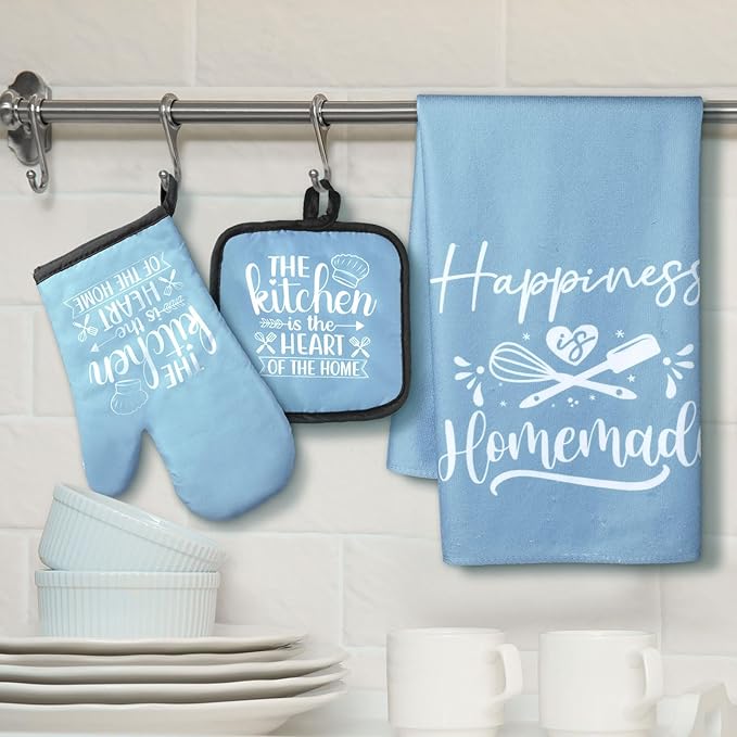 Sratte 6 Pcs Kitchen Decor Accessories Set Farmhouse Towels Pot Holders Oven Mitts Set 2 Dish Towels 2 Potholders 2 Cooking Mittens Oven Glove for Christmas Baking Cooking Supply(Light Blue,Kitchen)