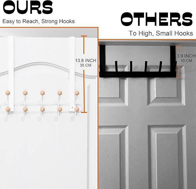 2 Pack Over The Door Hooks(13.8" H) with 10 Wooden Knobs, Over Door Hanger, Heavy Duty No Drill Hanger for Towels, Coats, Hats, Bags in Bathroom, Bedroom, Kitchen, Living Room