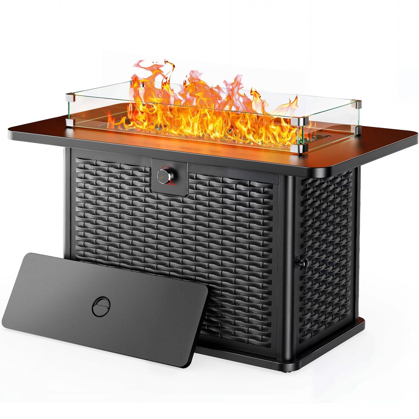 Ciays 43-Inch Rectangular Propane Fire Pit with 60,000 BTU Output, Fire Pit Table Premium Gas for Outside Patio with 304 Stainless Steel H-Burner, Glass Stones, and Wind Guard,Black