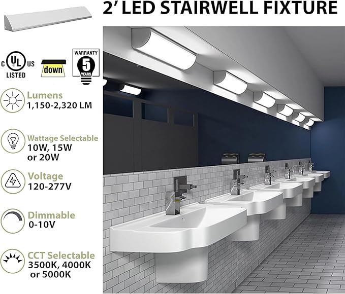 WareLight LED Stairwell & Corridor Light – 2320 Lumen Max, Wattage & CCT Selectable, 2-Foot Wall Mount Lighting Fixture for Commercial & Residential Use, 120-277V, White