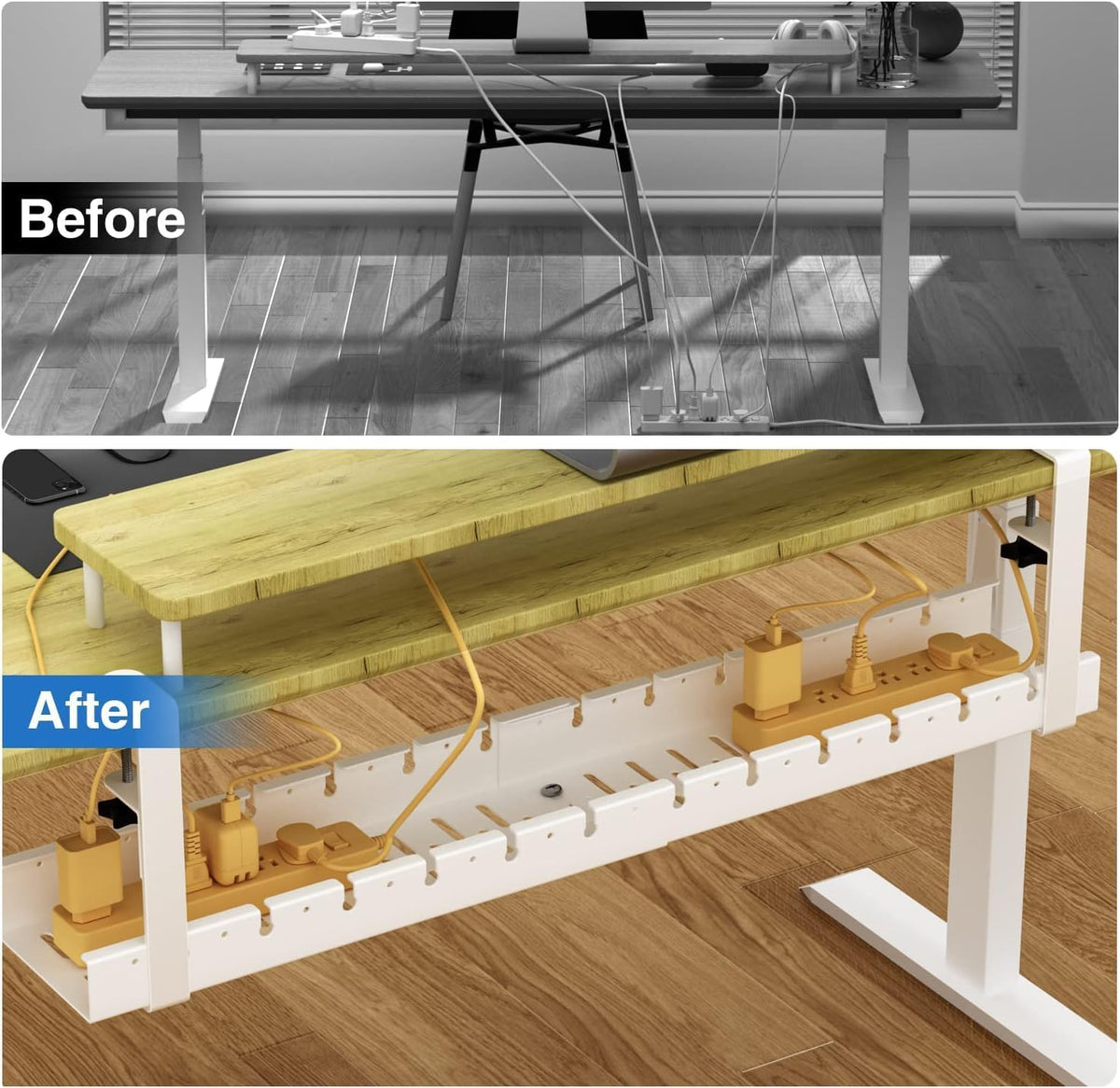 No Drilling Extendable Under Desk Cable Management, Metal Cable Management Tray Under Desk with Clamp, Retractable Power Strip Cord Holder for Wire Management 31Inch (1 Pack White)