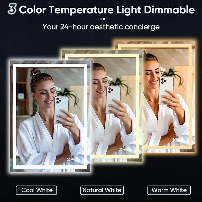 LED Bathroom Mirror, 24"x36" with Frontlit and Backlit Anti-Fog Mirror with Lights LED Vanity Mirror for Bathroom 3 Colors Temperature & Dimmable Bathroom Mirror with HD Tempered Glass