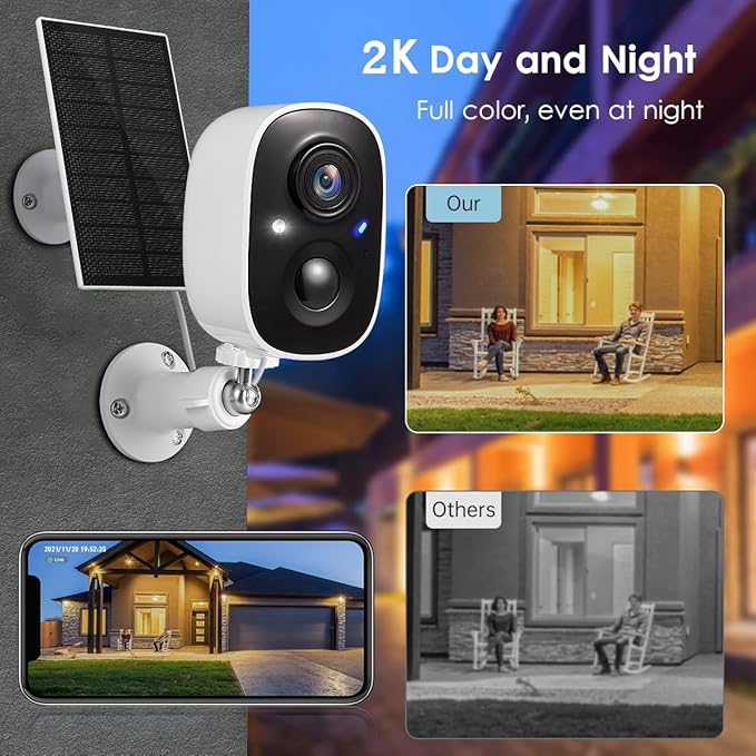 GMK Solar Security Cameras Wireless Outdoor, with Solar Panel 2K Color Night Vision Motion Detection 2-Way Talk Battery Powered WiFi Home Indoor Camera IP65 Weatherproof Cloud/SD Storage 2-Pack