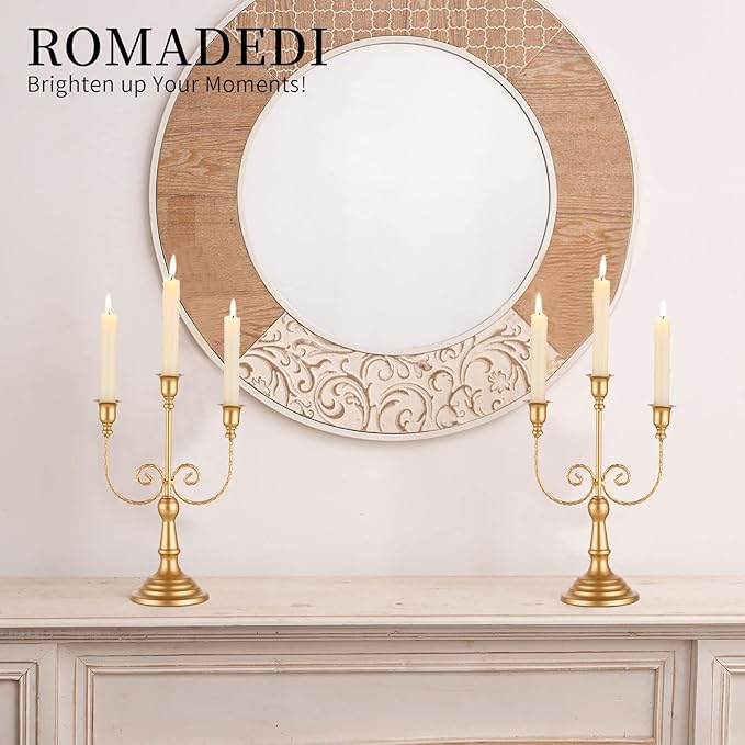 Romadedi Candelabra Gold Candle Holders - 3 Arm 11.8" Wedding Candlestick Holder for Theme Party Table Centerpiece Decor Dining Room Birthday Holiday Christmas, Set of 2
