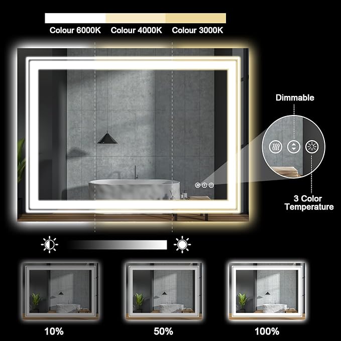 LED Bathroom Mirror, 24"x36" with Front and Backlit, Anti-Fog, Bathroom Vanity Mirror for Wall, Memory Function, Stepless Dimmable, Tempered Glass (Horizontal/Vertical)