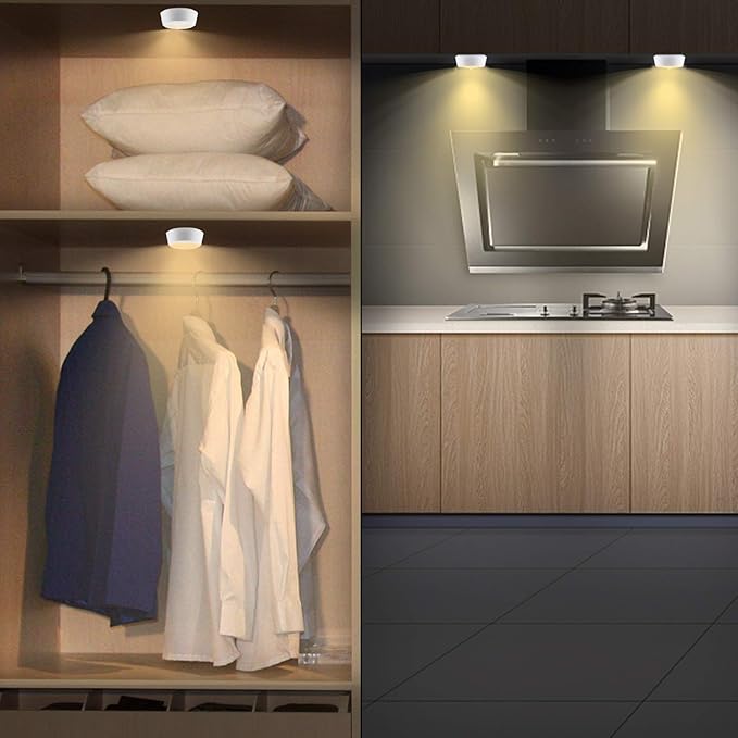 BIGLIGHT Battery Operated Motion Sensor Closet Lights, Wireless Puck Lights, Push Light, Tap Light, Stick on LED Night Light for Under Cabinet Counter Stairs Shelf Safe Pantry, 3.15 Inches, 4 Pack