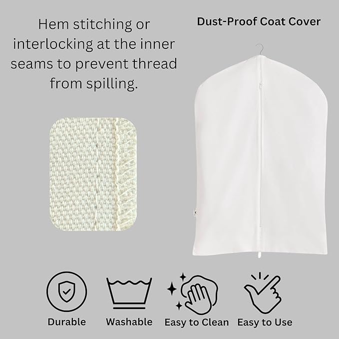 Garment Bag for Hanging Clothes – Organic Cotton Suit & Coat Cover with Zipper | Breathable Closet Organizer for Travel & Storage (24"x48"), Off-White)