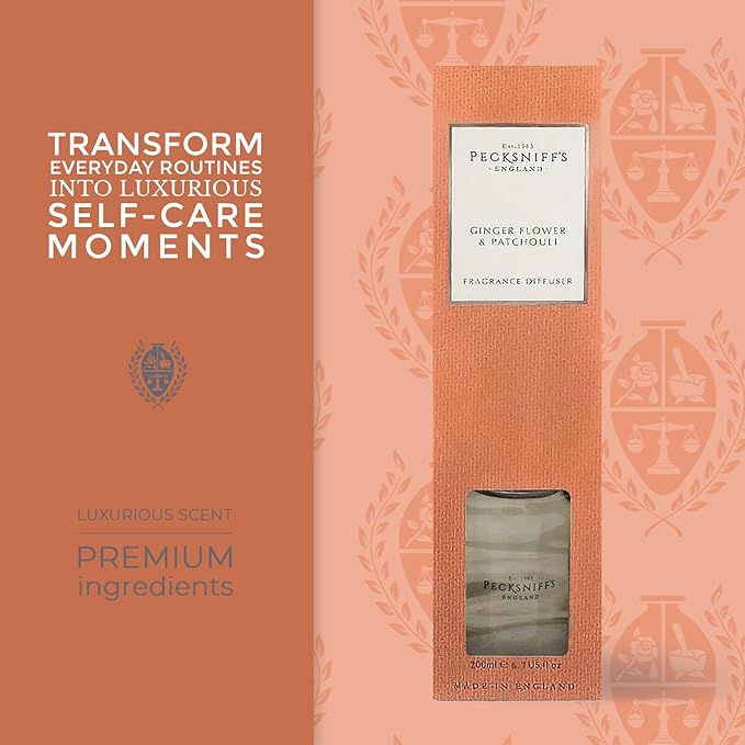 Pecksniff's Classic 200 ml/6.7 fl oz Reed Diffuser Set | Luxurious Gingerflower & Patchouli Fragrance Diffuser Scents for Home and Office
