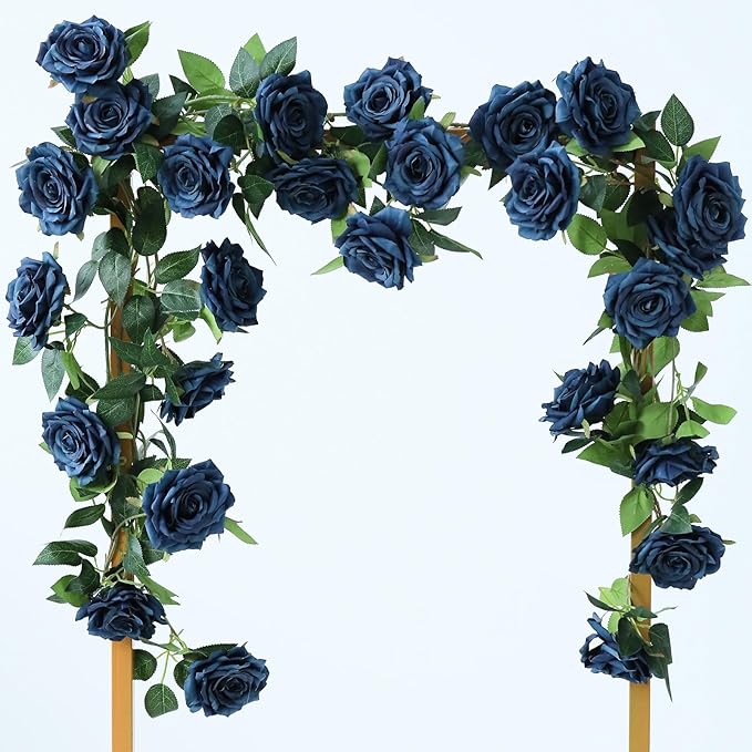 2 Strands 73'' Artificial Silk Rose Flower Vines Garland, Fake Roses Floral Green Leaves Hanging Plant for Wedding Arrangement Decoration, Wall, Party, Bedroom, Home Decor (Blue)