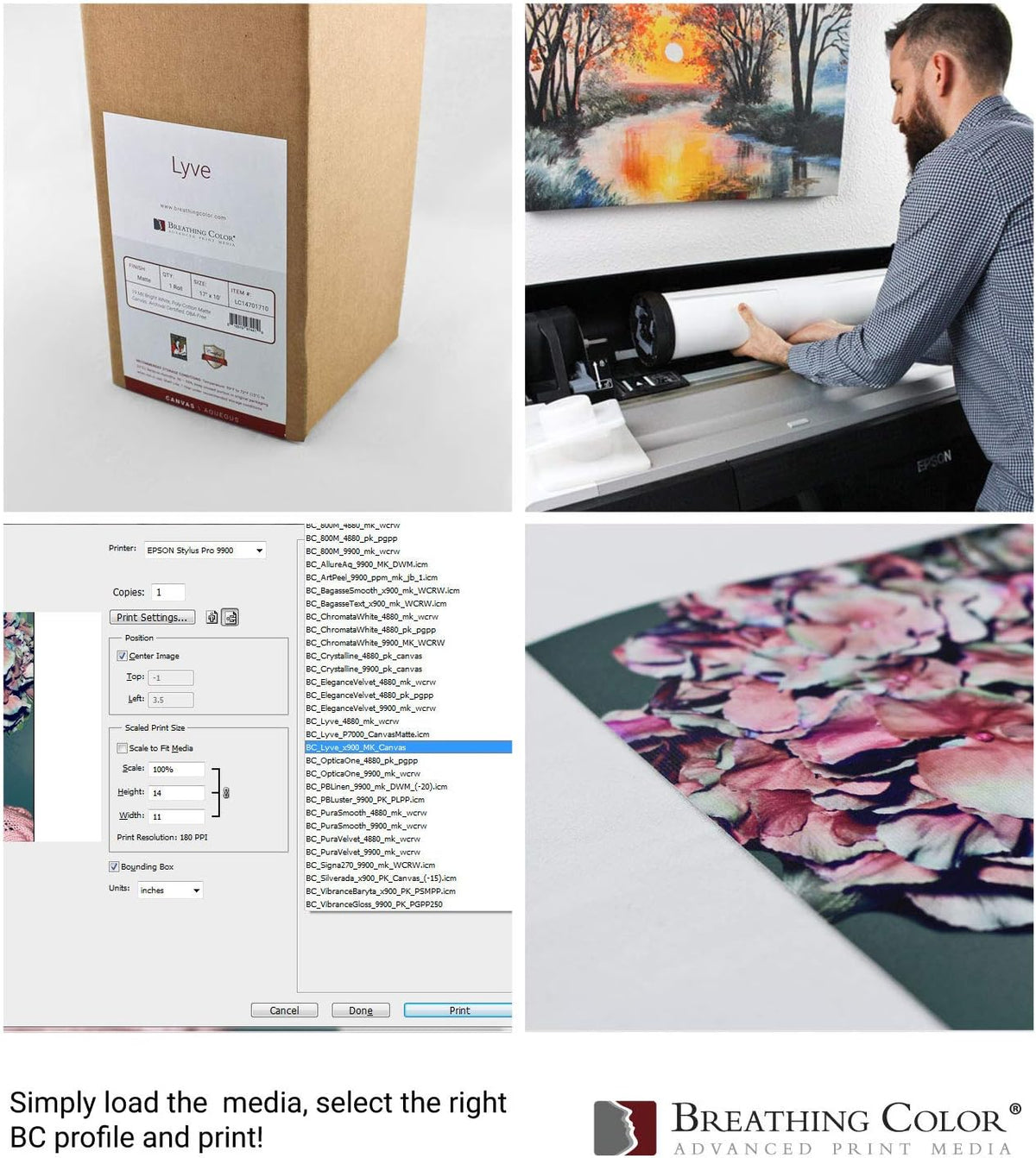 Premium Lyve Matte Canvas Paper Perfect For Use on Professional Makes and Models of Epson, Canon and HP printers preferred by Professionals. 19 mil textured Canvas offered in a 36 inch by 40 ft roll