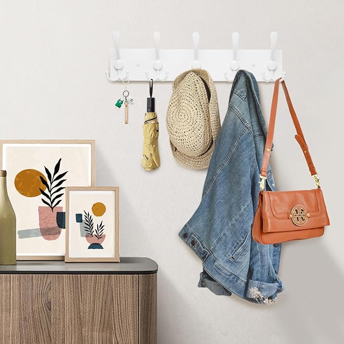 Coat Rack Wall Mount Coat Hooks Wooden Hat Rack for Wall Hooks Pine Real Wood Plank 16.9" White Coat Hanger with 5 White Triple Hooks for Hanging Coat Hat Jacket