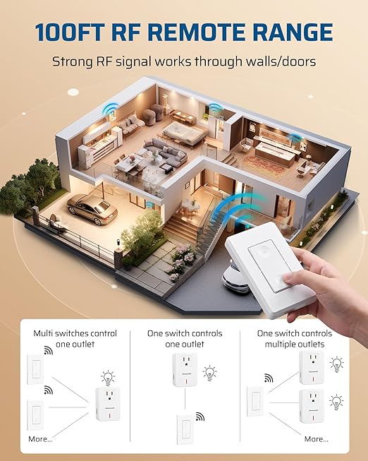 DEWENWILS Wireless Remote Wall Switch and Outlet, Plug in Remote Control Outlet Light Switch for Lamp, Fans, No Wiring, Expandable, 100ft RF Range, ETL Listed (2 Switches and 1 Receiver)