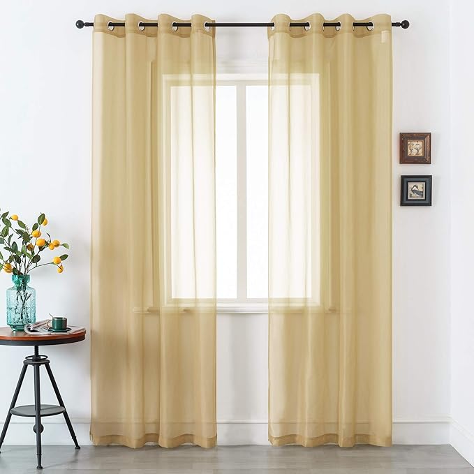 DUALIFE Tan Beige Sheer Curtain 108 Inch Length Light Brown Semi Voile Sheer Curtains Window Drapes for Living Room and Bedroom Window Treatments 2 Panels 52x108 Inches Long 9 FT Natural Taupe