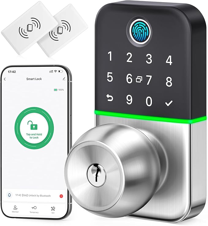 Keypad Smart Door Lock with Knob: Kucacci Keyless Entry Fingerprint Lock for Front Door - Keypad Digital Lock with Handle - Electronic Code Door Knob - Easy Installation - Generate Passcode Remotely