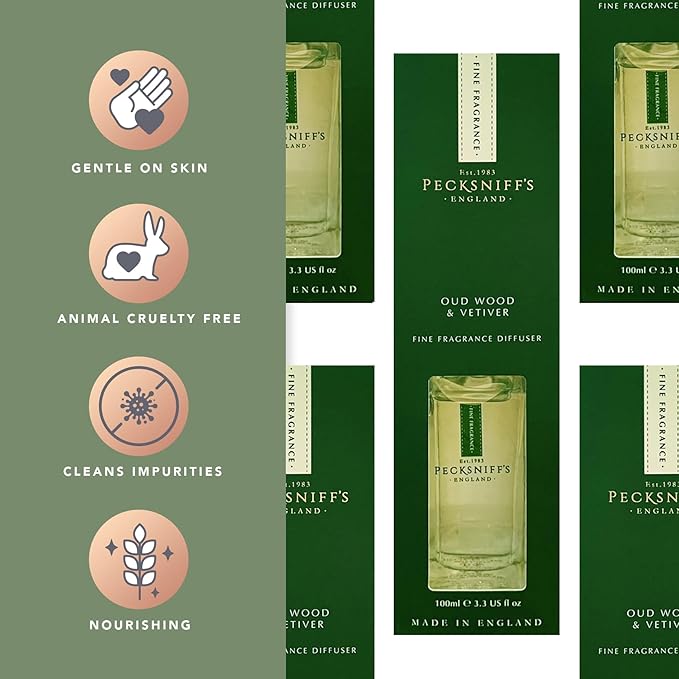 Pecksniff's Prestige 100 ml/3.3 fl oz Square Reed Diffuser Set, Oudwood & Vetiver