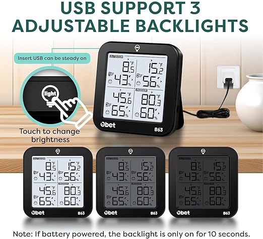 OBET Indoor Outdoor Thermometer Wireless Weather Station with 3 Sensors, Digital Hygrometer Remote Thermometer, Thermometer Temperature Humidity Monitor with Adjustable Backlight, USB Port (500 Feet)
