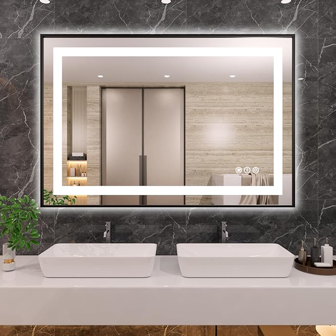 Amorho 44"X36" LED Bathroom Mirror with Black Frame, Front Light and Backlit, Stepless Dimmable, Anti-Fog, Shatter-Proof, Memory, 3 Colors, Double LED Vanity Mirror