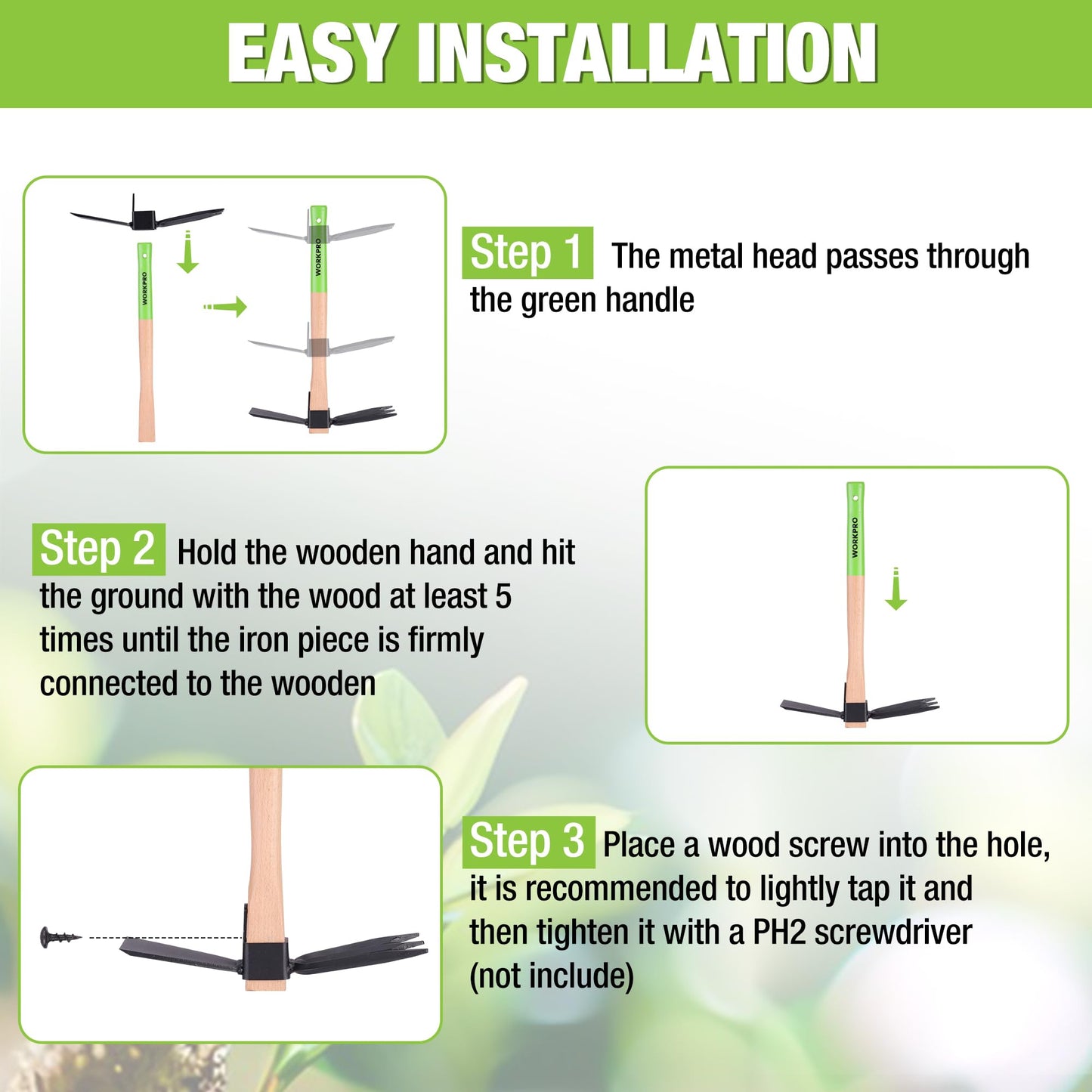 WORKPRO Hoe and Cultivator Garden Rake with 14" Wooden Handle, Sharp Hoe Blade & Sturdy 3 Claw Tiller, 2-in-1 Heavy Duty Gardening Hand Tools for Digging, Loosening Soil, Weeding, Cultivating