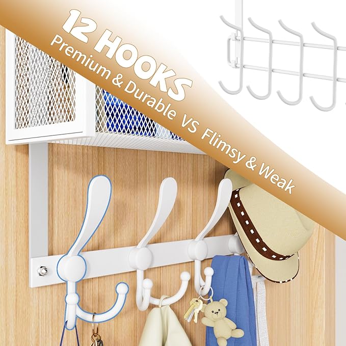 Over The Door Hooks Organizer, Coat Rack Over The Door Storage Hanger Towel Rack, Back of Door Storage Organizer for Bathroom,Bedroom,Kitchen,Office (White, 2-Tier)
