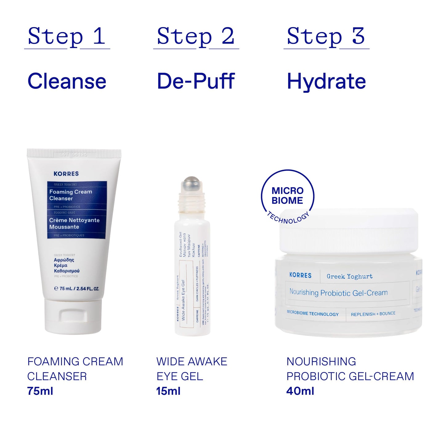 KORRES Greek Yoghurt Hydration Boost Trio Set, 3-Step Skin Care Kit with Foaming Cream Cleanser, Eye Gel & Probiotic Gel Cream, Pre & Probiotics for Balanced Hydration, Clean Beauty, 3 Piece Set