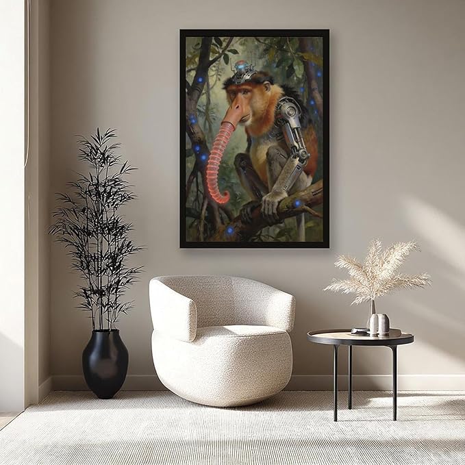 Framed Steampunk Mechanical Proboscis Monkey Wall Art - Jungle Neon Retro Poster for Apartment Leisure Area Decor 08x12in