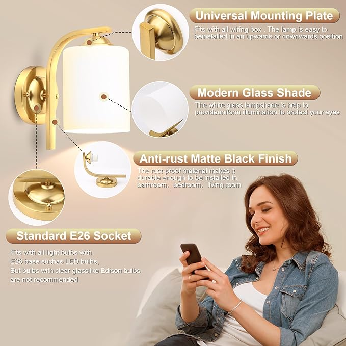 CANMEIJIA Gold Wall Light Fixtures, Wall Sconce 2 Light, Gold Wall Lamp Bathroom Vanity Lightting for Mirror Bedroom Hallway Kitchen Porch, Milky White Glass Shades, E26 Socket, Bulbs Not Included