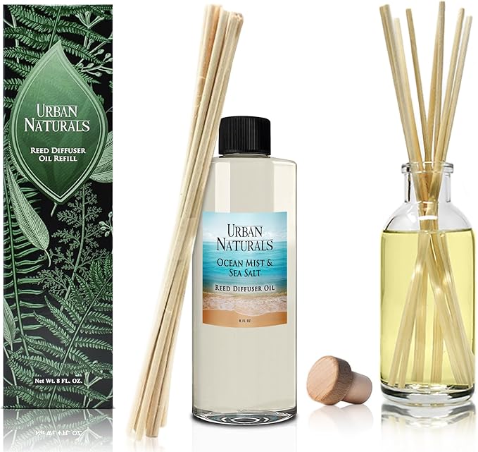 Urban Naturals Reed Diffuser Oil Refill Ocean Mist Sea Salt with Salt Spray, Violet Leaf, Sea Grass, Driftwood 8 oz + Free Reed Sticks, Made in the USA
