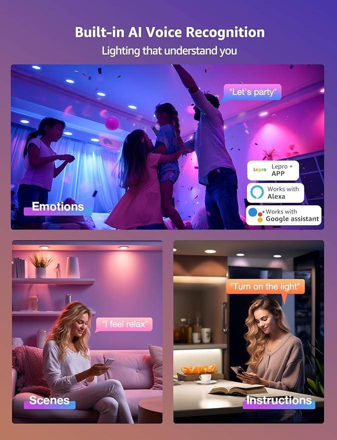 Lepro Bundle - R2 AI Smart LED Canless Light 6 Inch with Mood Recognition Music Sync, Group Control, 12W,1050 Lumen + 6 Pack 6 Inch LED Recessed Ceiling Light with Junction Box, 5000K Daylight