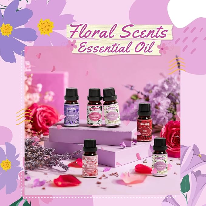 SALKING Floral Essential Oils Set, Premium Pure and Natural Essential Oils, Fragrance Oil Scented Oils for Oil Diffusers 6 x 10 ML - Lavender, Rose, Jasmine, Cherry Blossom, Gardenia, Chamomile