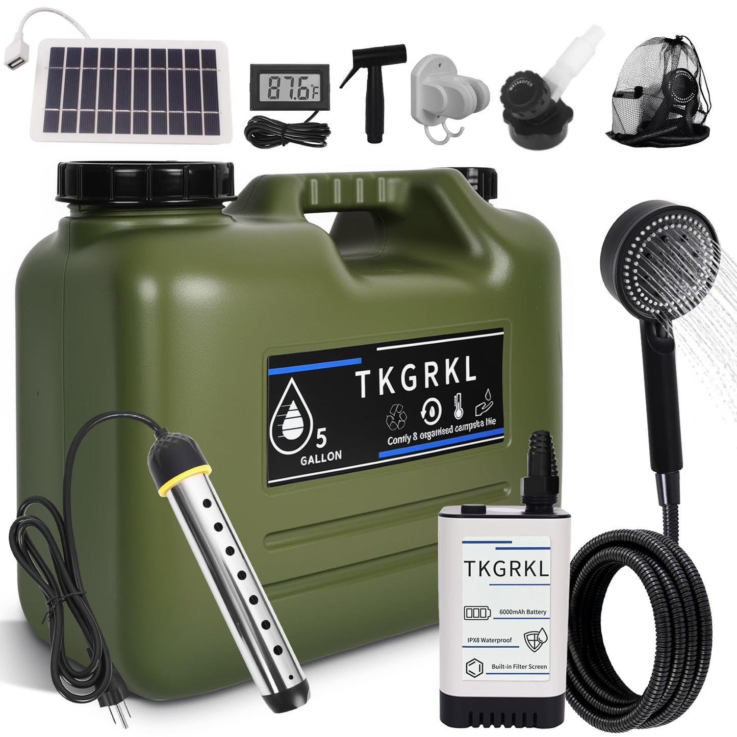 Camping Shower with Heater and 5-Gallon Water Jug, 6000mAh Rechargeable Portable Shower, 1500w Immersion Heater with Auto Shut-Off, Rinse Kit Portable Shower with USB Solar Charging Panel For Camping