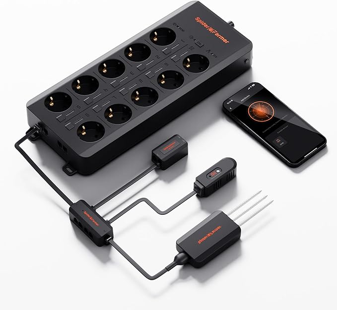 Spider Farmer GGS AC10 Power Strip Kits, 10 AC APP-Based Controls Outlets, 3 in 1 Soil Sensor, Temp Humid Light Sensor, for Indoor Grow Tent Plants Room