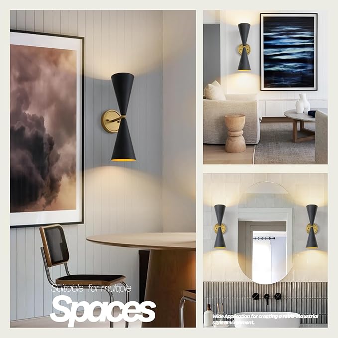 Modern Black Gold Wall Sconce, Vintage Double Heads Up and Down Sconces Wall Lighting, Indoor Hardwired Wall Lamp Fixture for Bathroom Bedroom Living Room Hallway