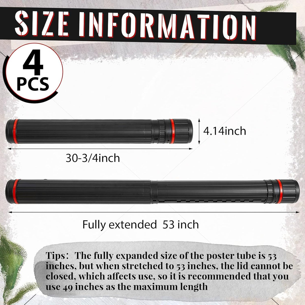 4 Pcs Large Extendable Poster Tubes from 30'' to 49' with Strap Poster Carrying Case Telescoping Tube Portable Blueprint for Posters, Blueprints, Artwork, Map Storage(Classic Standard Style)