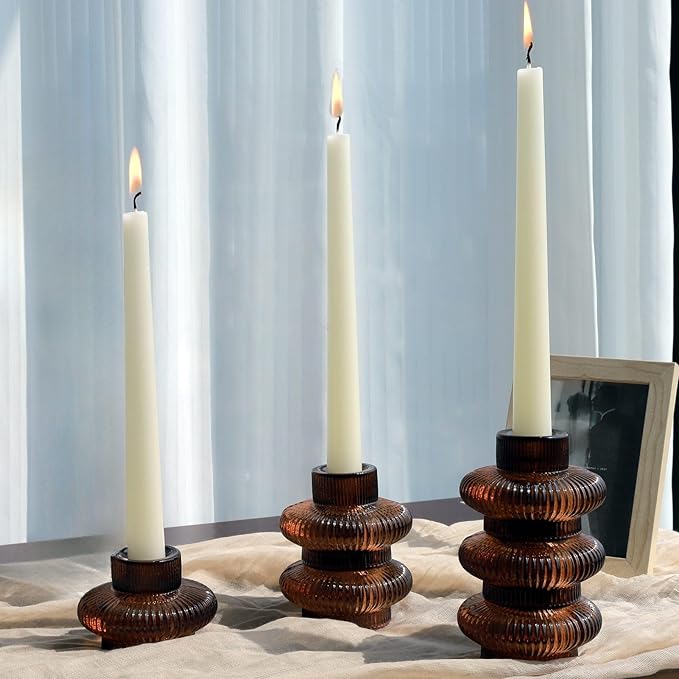 VOHO 18pcs Brown Taper Candle Holders for Table Centerpiece, Reversible Glass Candle Holder for Candle Sticks & Tea Lights Candles, Classic Ribbing Tapered Candlestick Holders for Home, Boho Decor