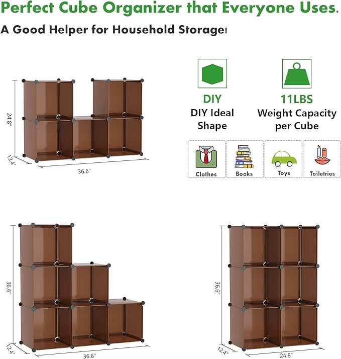 C&AHOME Cube Storage Organizer, 6-Cube Shelves Units, Closet Cabinet, DIY Plastic Modular Book Shelf, Ideal for Bedroom, Living Room, Office, 36.6" L x 12.4" W x 36.6" H Cocoa UPCS06C