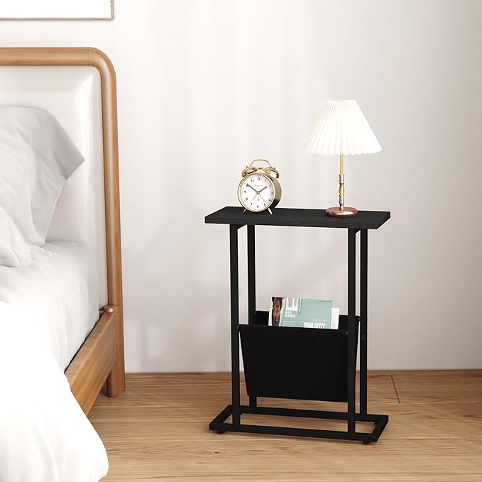 Yusong Narrow Side Table for Small Spaces, Small End Table Set of 2 with Magazine Holder, Skinny Slim Little Thin Table for Living Room, Bedroom, Sofa, Black Oak