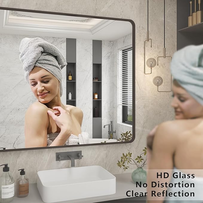 60x30 Bronze Bathroom Mirror for Wall, Brushed Metal Bronze Framed Bathroom Vanity Mirror, Rounded Rectangle Mirror, Shatterproof, Anti-Rust (Horizontal/Vertical)